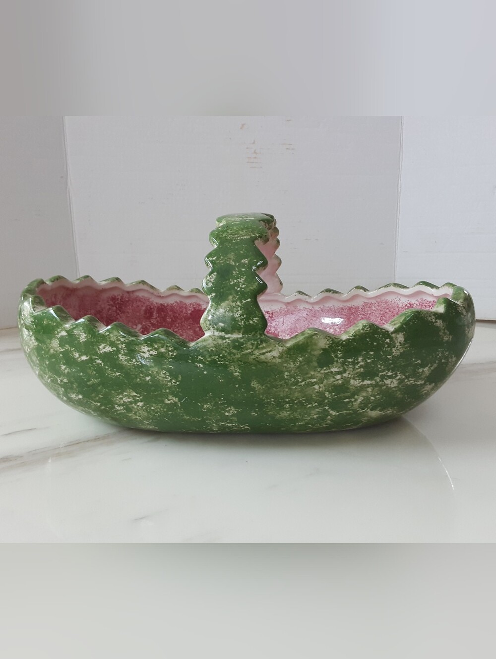 Large Handpainted Watermelon Scalloped Rim Decorative Ceramic Basket - Vtg